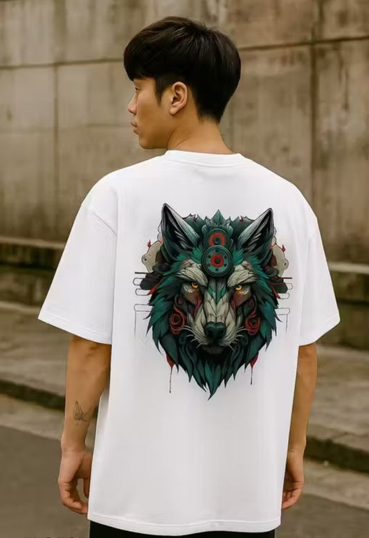 Men's Wolf Printed Round Neck Cotton Half Sleeve Oversized Tshirt-White
