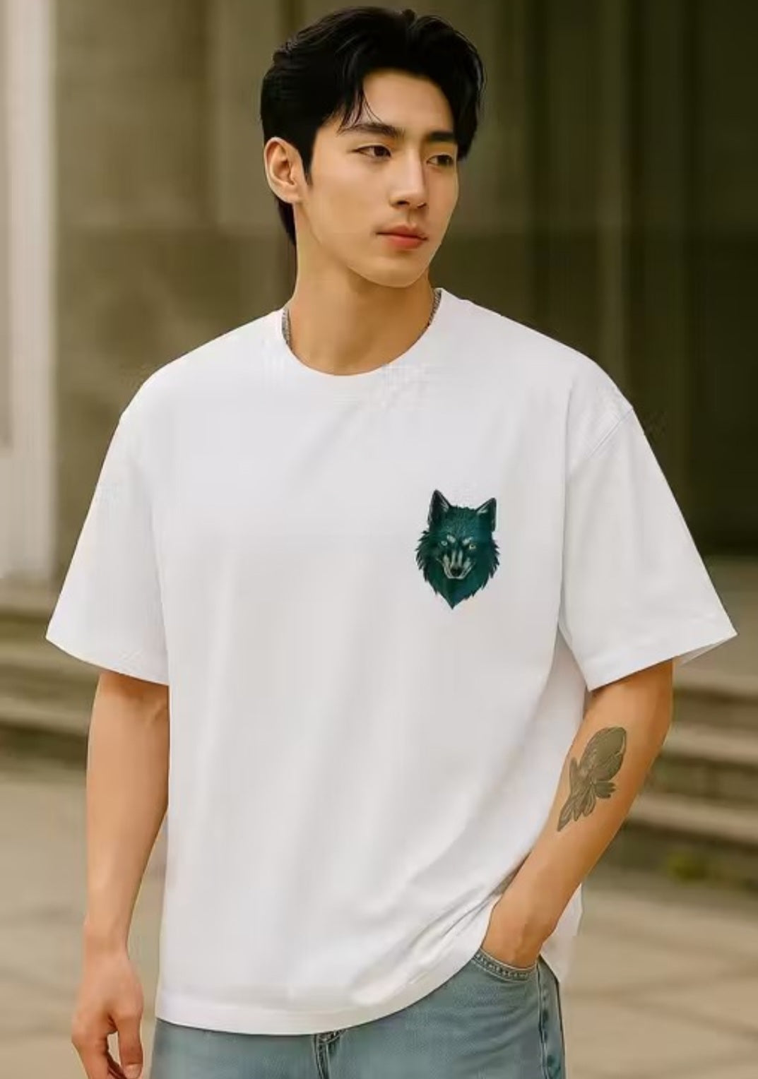 Men's Wolf Printed Round Neck Cotton Half Sleeve Oversized Tshirt-White