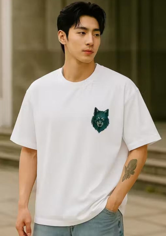 Men's Wolf Printed Round Neck Cotton Half Sleeve Oversized Tshirt-White