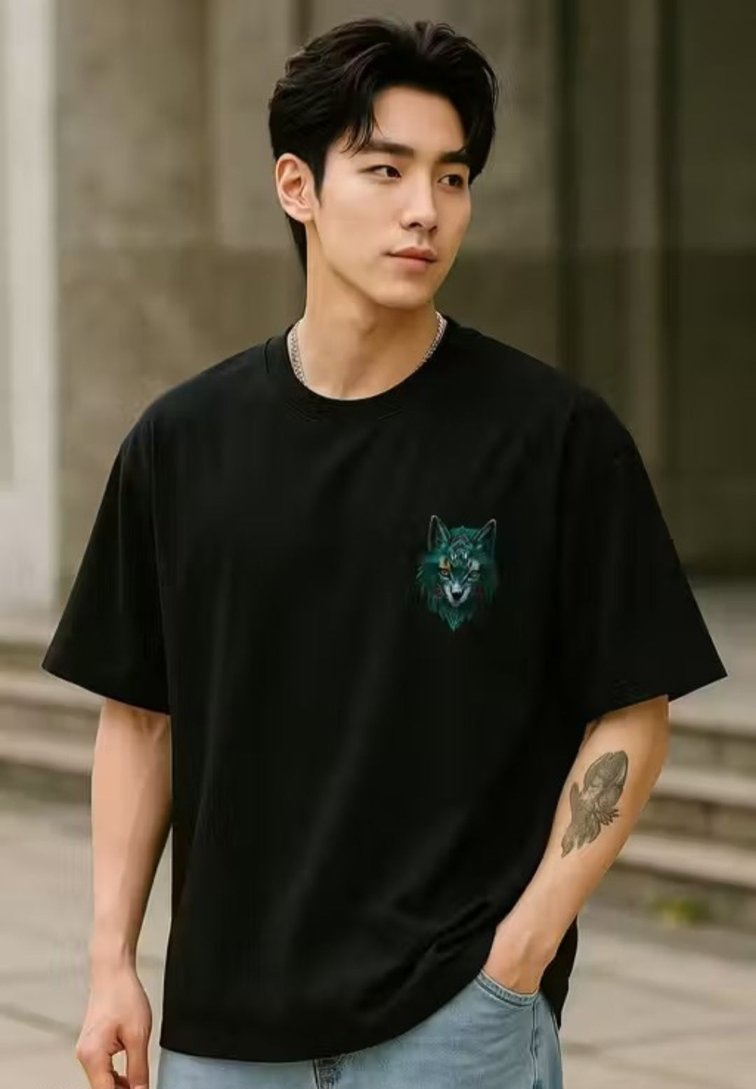 Men's Wolf Printed Round Neck Cotton Half Sleeve Oversized Tshirt