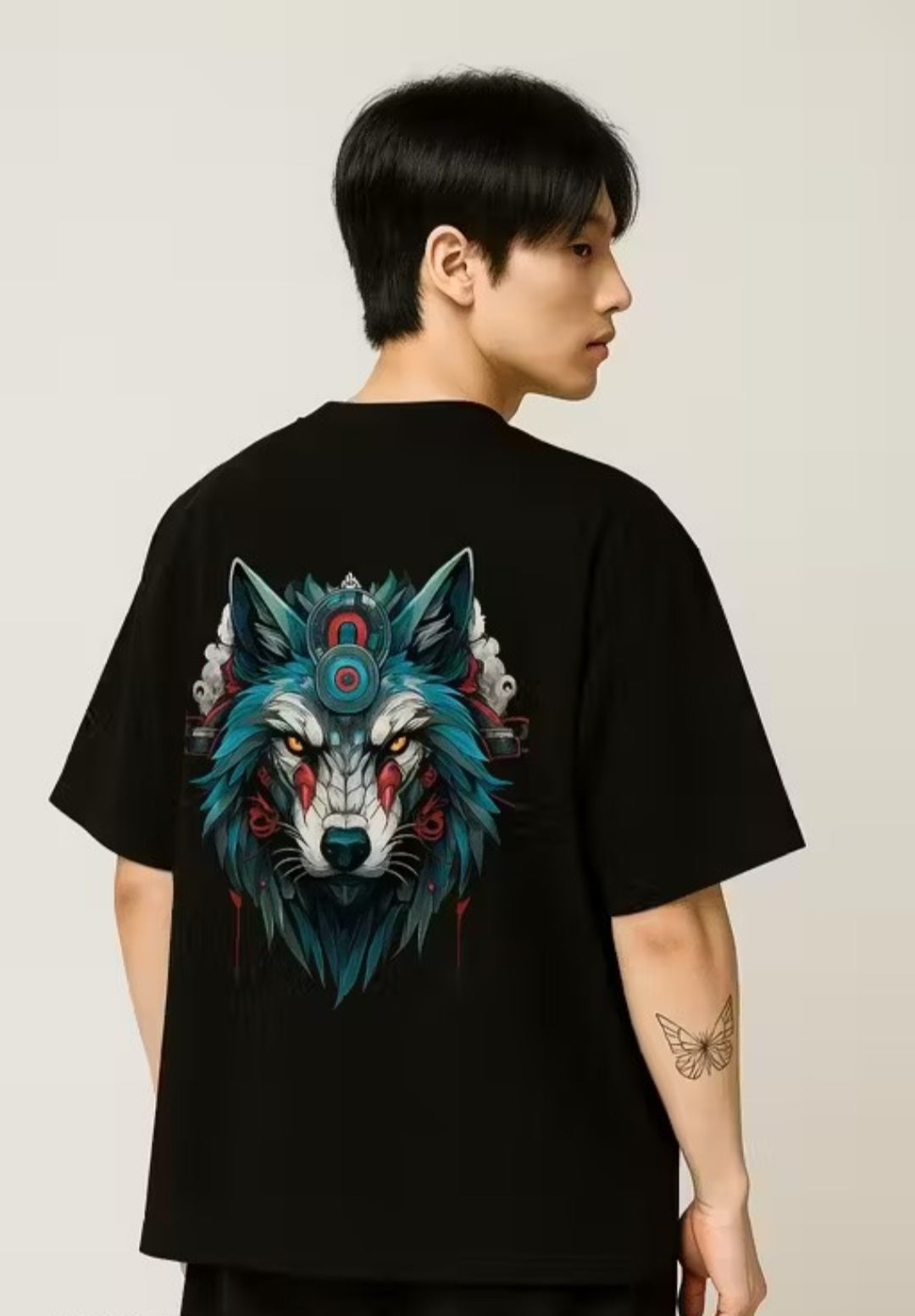 Men's Wolf Printed Round Neck Cotton Half Sleeve Oversized Tshirt