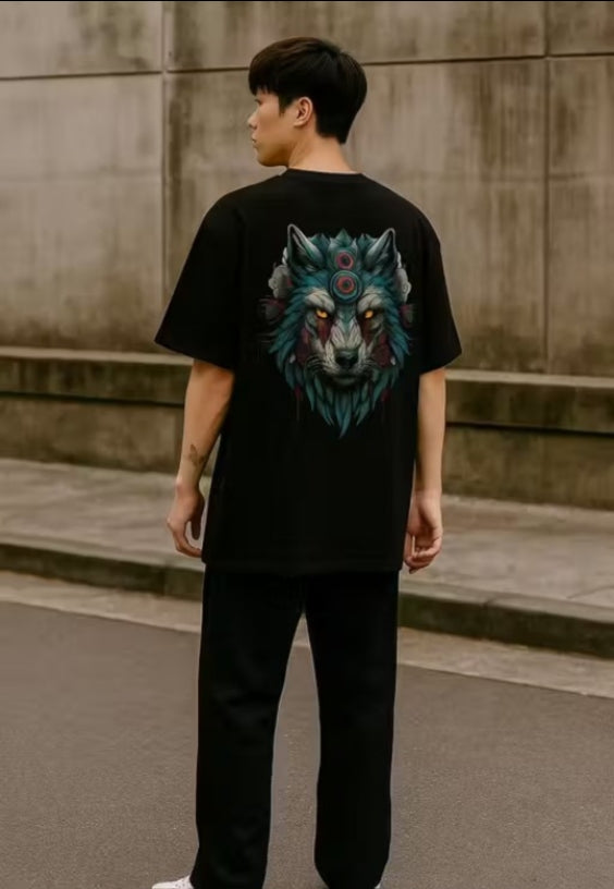 Men's Wolf Printed Round Neck Cotton Half Sleeve Oversized Tshirt